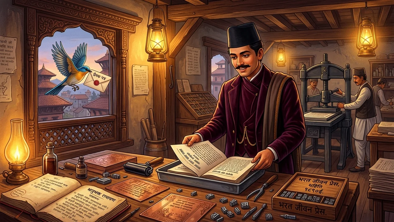 Motiram Bhatta at the historic printing press in Thahiti holding Bhanubhakta's manuscripts