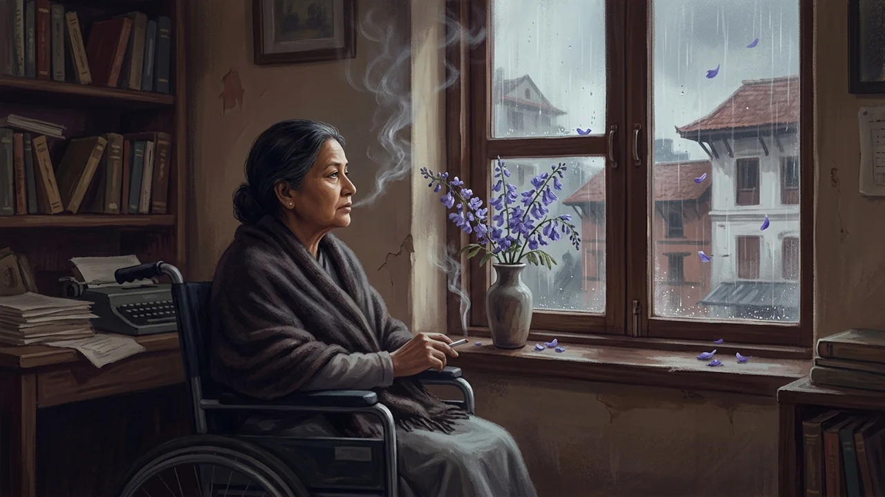Parijat looking out her window at blooming Shirish silk tree flowers