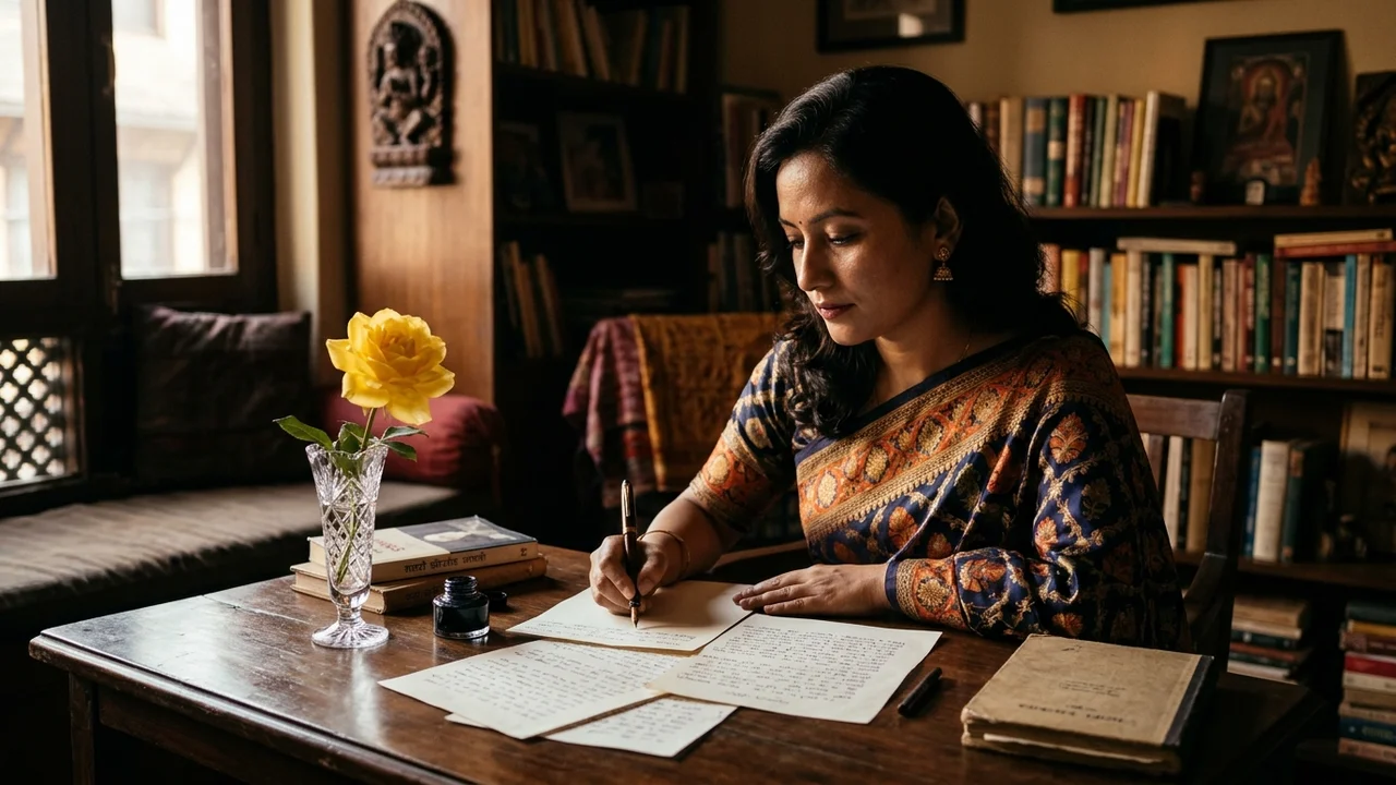 Hyper-realistic portrait of Prema Shah writing by a glowing yellow rose in a crystal vase