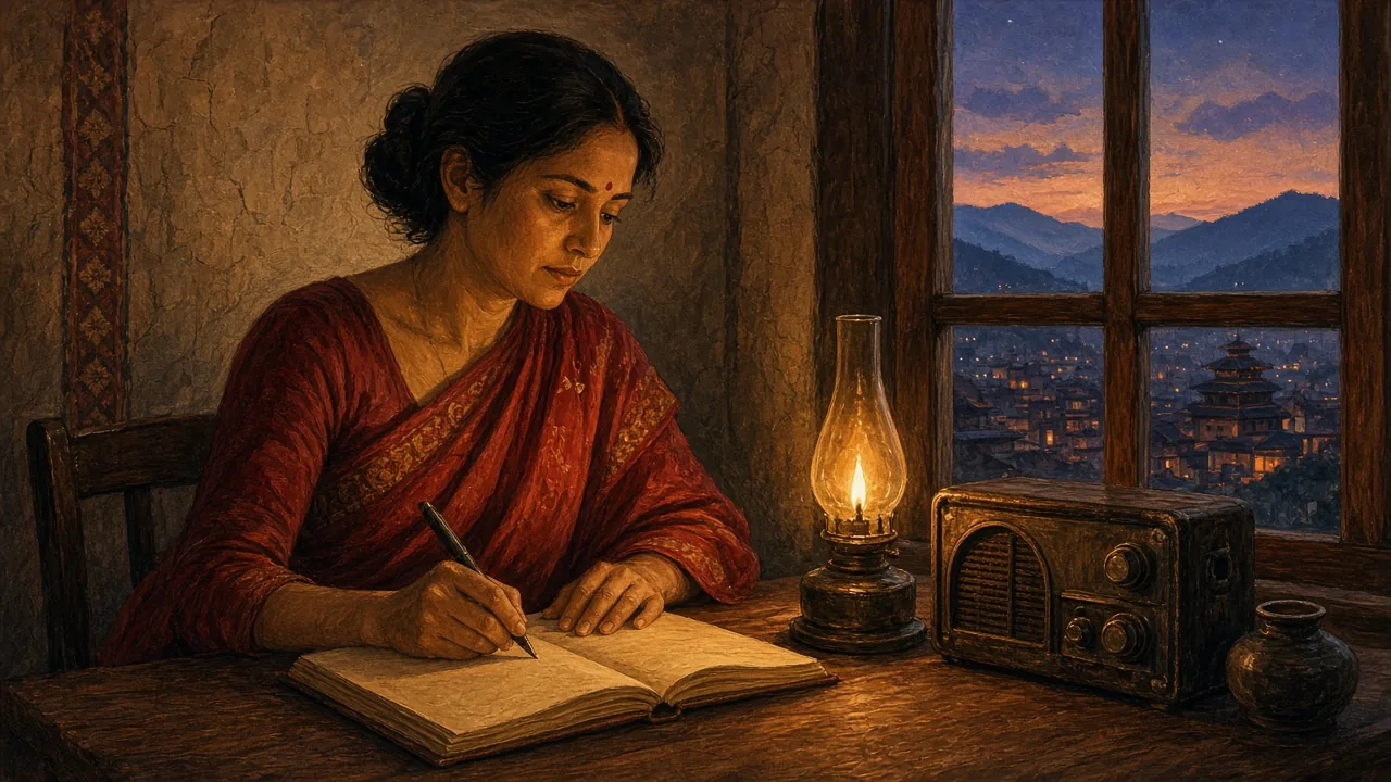 A painted picture of a woman in a red sari writing by a lamp, with a radio on the desk and hills at dusk