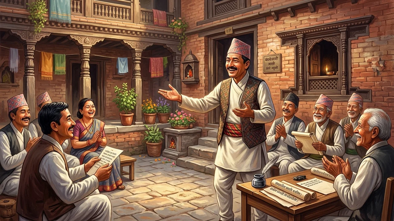 Ashukavi Shambhu Prasad Dhungel spontaneously reciting poetry in a Kathmandu courtyard