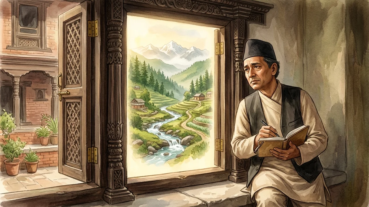 Siddhicharan Shrestha at his window gazing toward the hills of Okhaldhunga