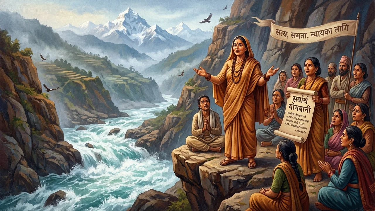 Yogmaya Neupane in ascetic ochre robes preaching truth beside the rushing Arun river
