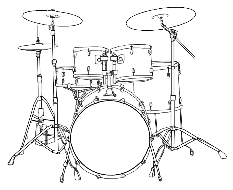 Line drawing of an acoustic kit from the player's seat. Hi-hat and crash on the left, two rack toms and the snare in front, ride and floor tom on the right, kick in the middle.