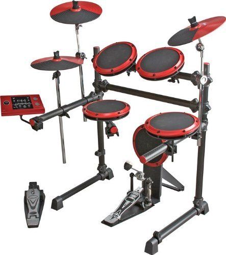 A small electronic kit from the player's seat. Hi-hat and crash on the left, snare and two rack toms in front, ride and floor tom on the right, kick above the pedal, module at the far left.