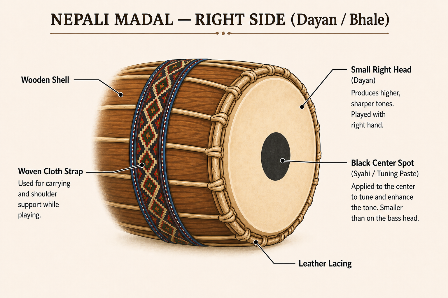 Labeled anatomy of the madal — right side (Dayan / Bhale)